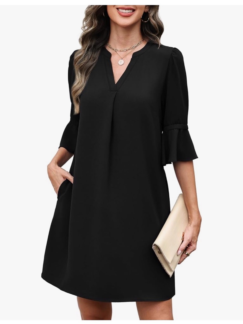 Rumia Black V-Neck Tunic with Ruffle Sleeves